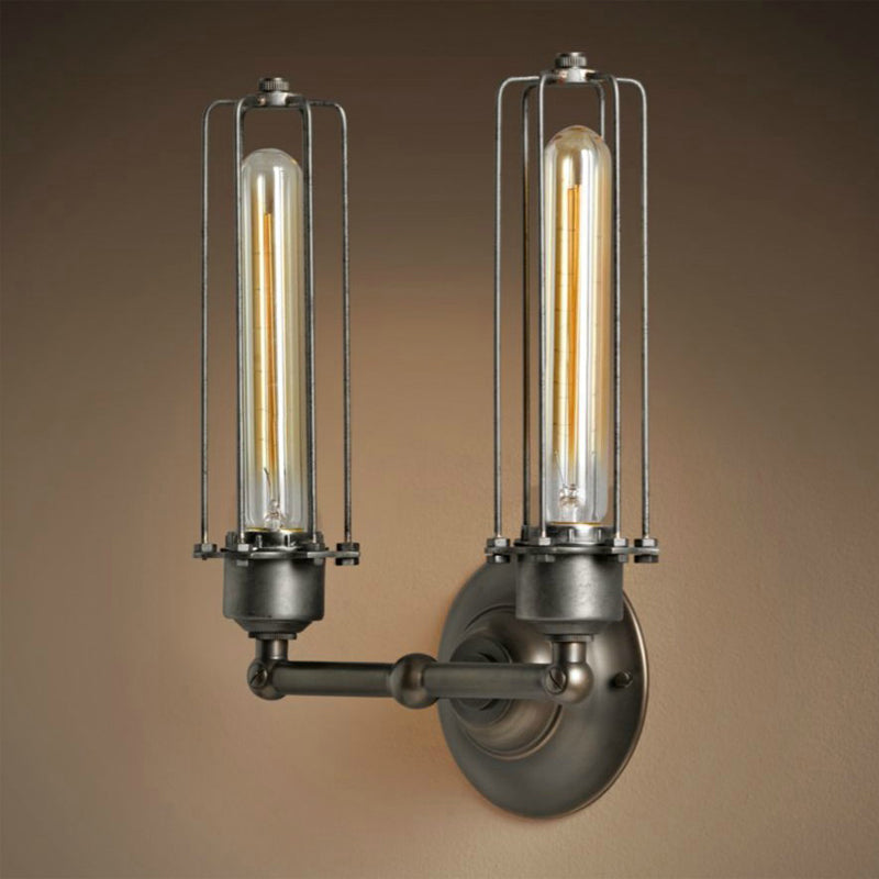 Industrial twin arm wall mounted light with long LED filament lamp